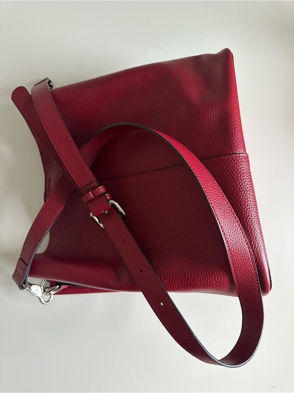 S-Zone Genuine Pebbled Leather Crossbody Bag Red Silver Hardware Zipper Closure - Picture 16 of 16